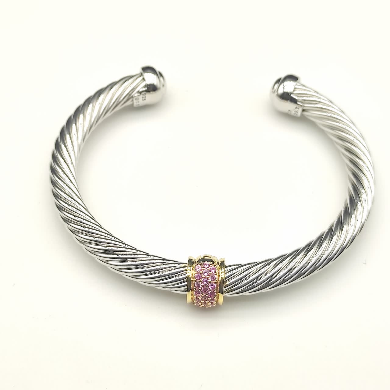David Yurman Silver Cable Bracelet with Pink Gemstone